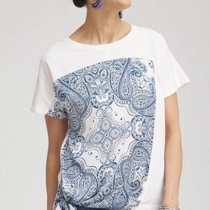 Chico's White and Blue Short Sleeve Paisley Tee